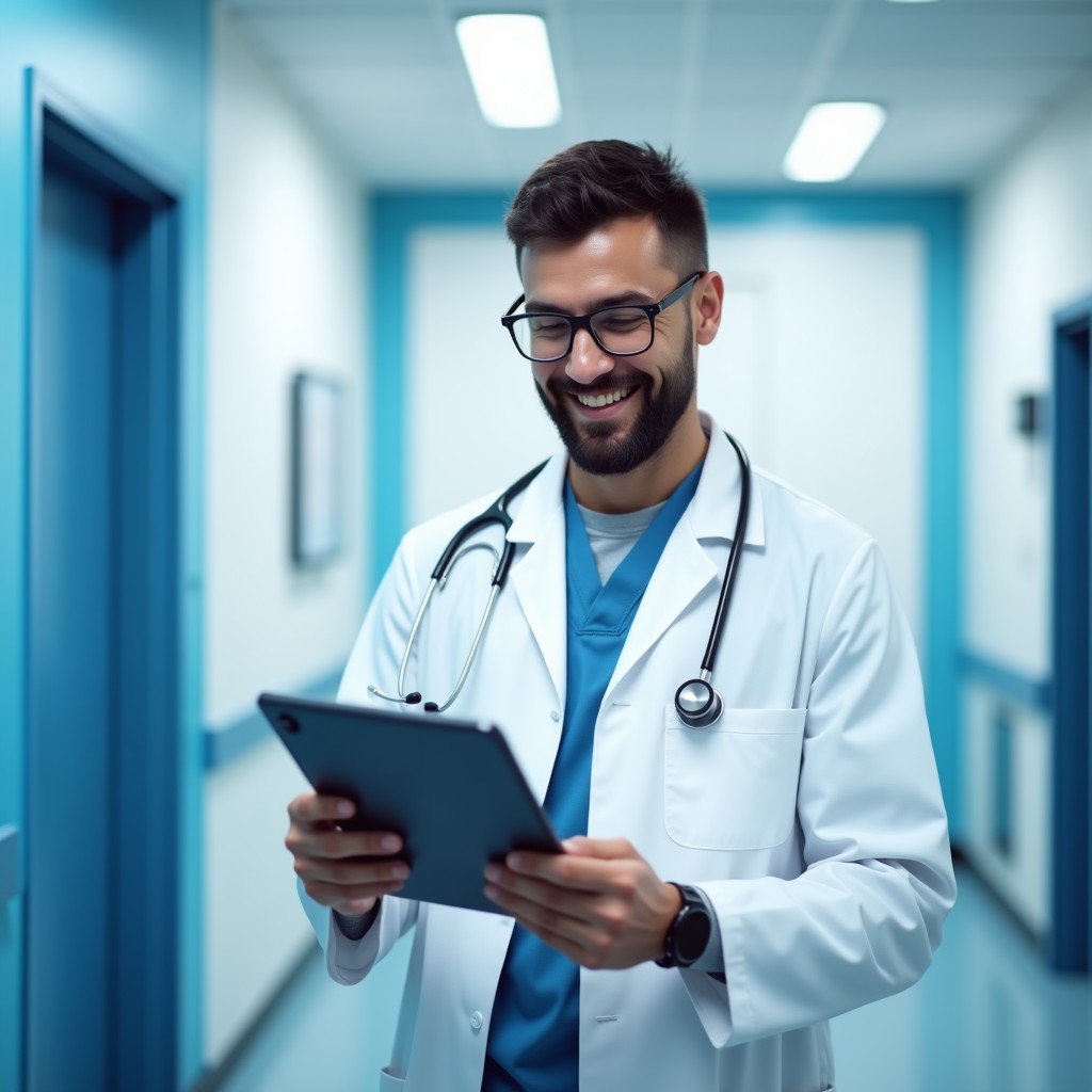Médico usando una tablet en un pasillo clínico